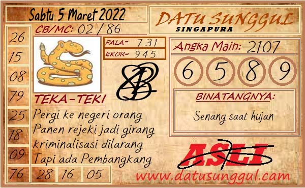 Prediksi Datu Sunggul SGP Hari Ini 05 Maret 2022