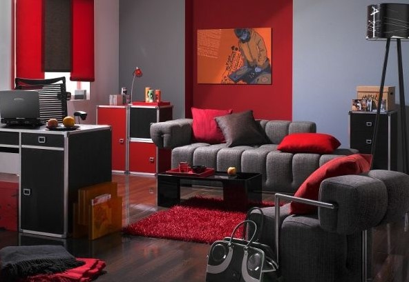 red and gray color scheme living room