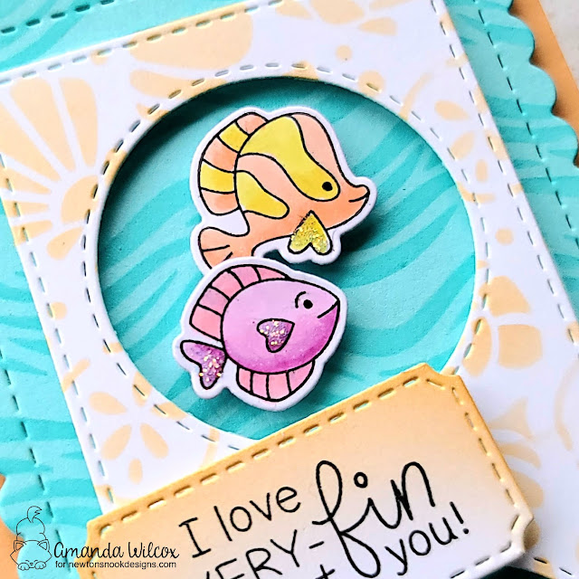 Love Under the Sea Slimline Card by Amanda Wilcox | Tides of Love Stamp Set, Waves Stencil, Seashells Stencil and Slimline Frames & Portholes Die Set by Newton's Nook Designs #newtonsnook