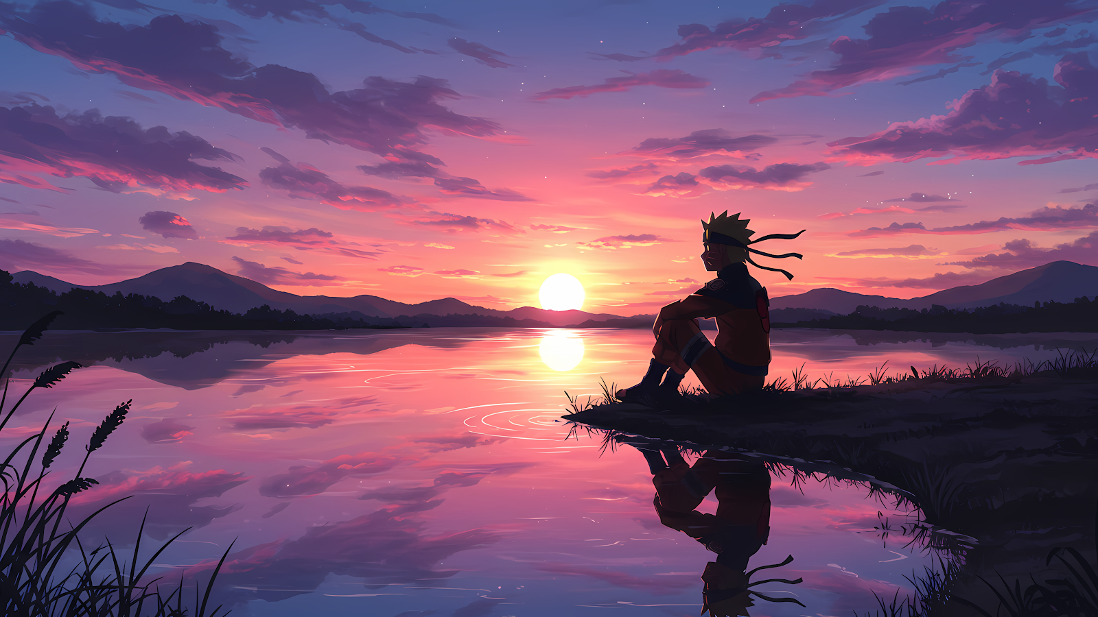 Naruto Sunset Reflection Wallpaper - 3840x2160 pixels, Anime, Sunset, Reflection, Lake, Peaceful, Silhouette