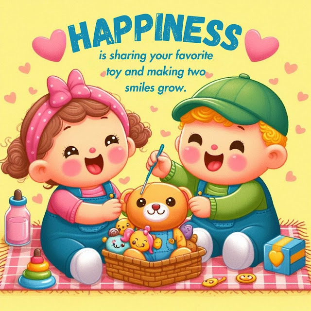 Happiness is sharing your favorite toy and making two smiles grow.