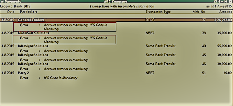 Transactions with Information Mismatch Tally ERP 9