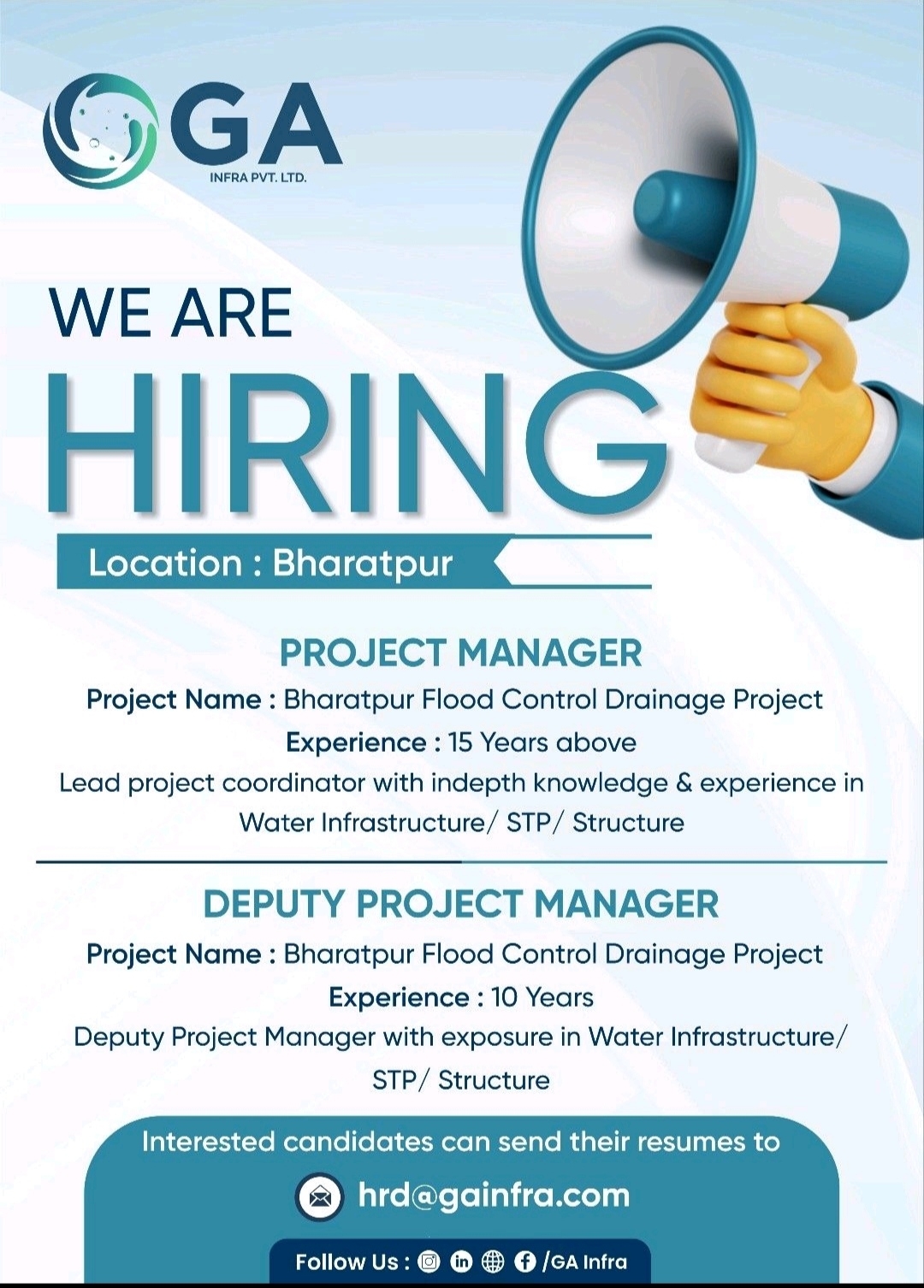 Project Manager and Deputy Project Manager Job In GA Infra job location Bharatpur