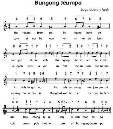 Lirik Lagu BUNGONG JEUMPA Lagu Daerah Aceh Darussalam | Notasi Angka dan Not Balok