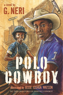 Book cover of Polo Cowboy. Young Black man is on a horse looking at reader. A young Black woman has a polo malet slung over her shoulder and is also sitting on a horse with a slight smile on her face. She has patches of skin that are much lighter than the other skin on her face.