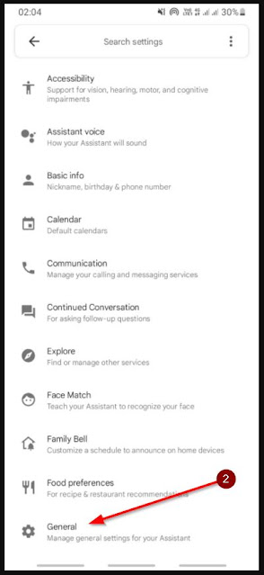 pilih general untuk masuk ke pengaturan google assistant