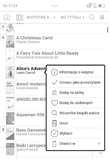 PocketBook InkPad Lite – menu kontekstowe pojawiające się po przytrzymaniu palca na dowolnej pozycji w bibliotece