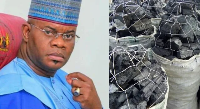 Alt: = "Governor Yahaya Bello, and bags of charcoal"