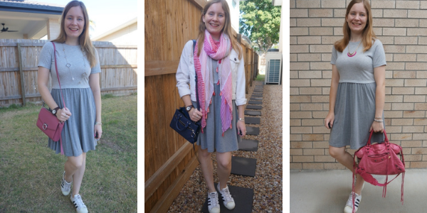 pink accessories and grey skater dress outfit ideas awayfromblue