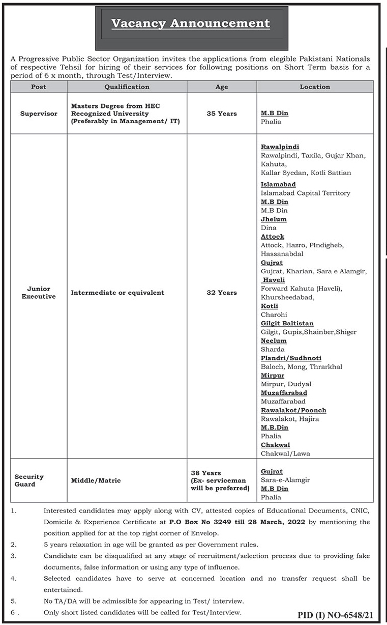 Public Sector Organization PO Box 3249 Jobs 2022 in Pakistan