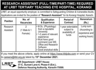 JOBS | Research Assistant (Full-Time/Part-Time) At LRBT Tertiary Teaching Eye Hospital