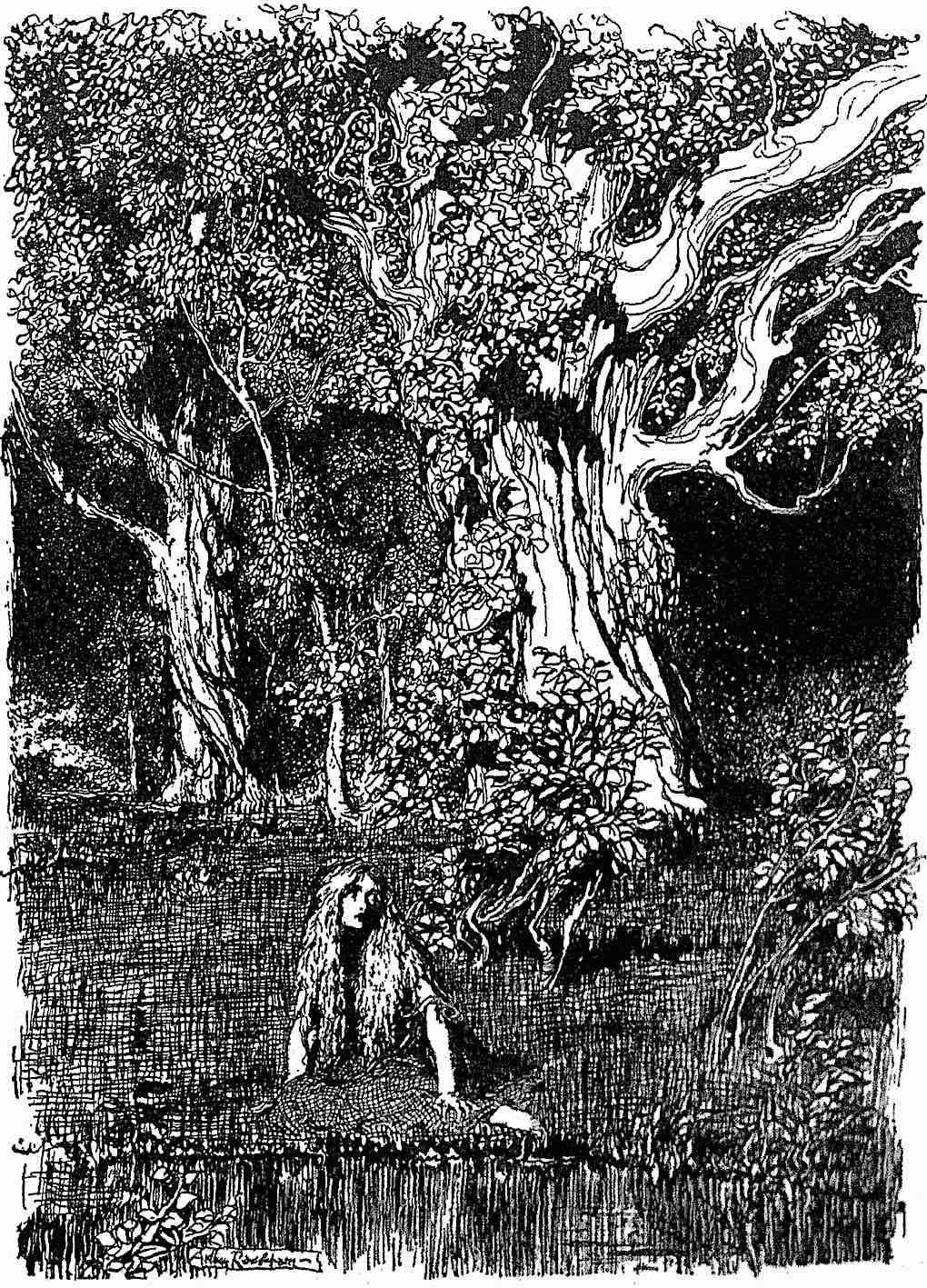 an Arthur Rackham illustration of a young woman in solitude