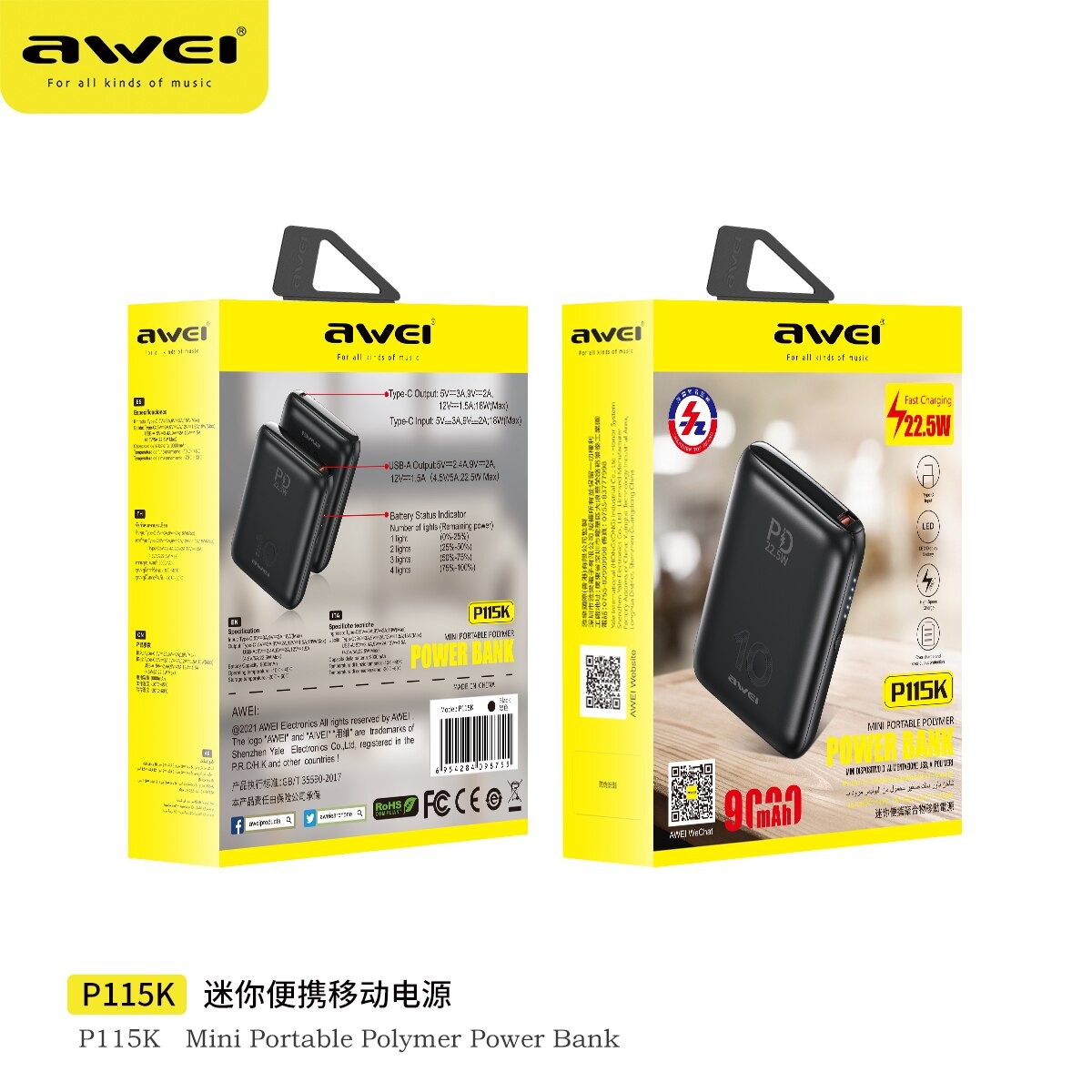 Awei P115K Mini Portable Power Bank 9000mAh PD 22.5W Fast Charging Type C Quick Charge Powerbank