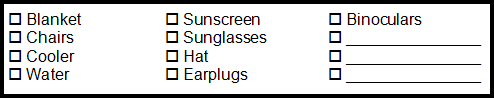 Checklist showing items you can bring to the Chicago Air and Water Show:  blanket, chairs, cooler, water, sunscreen, sunglasses, hat, earplugs, binoculars