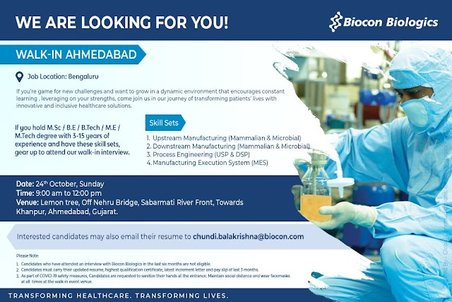 Biocon Biologics | Walk-in interview for Multiple Openings on 24th Oct 2021