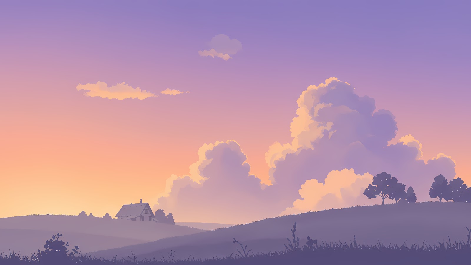 Studio Ghibli style illustration of a house on a hilltop at sunset with large clouds and trees