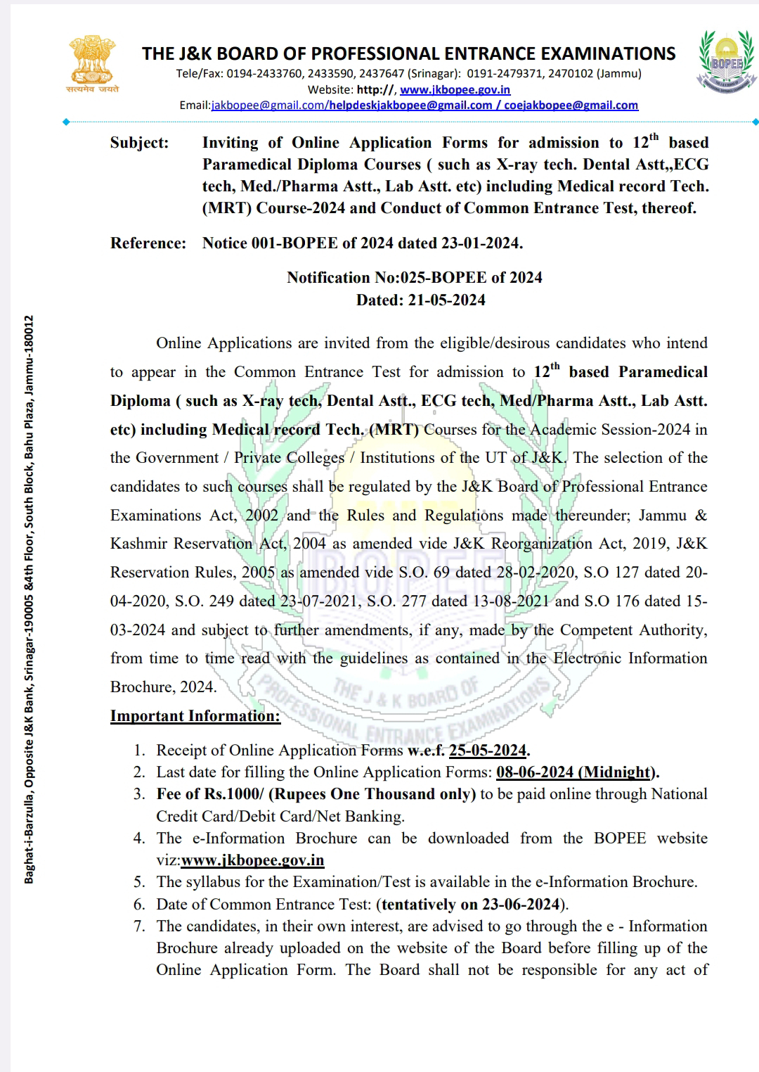 JKBOPEE 12TH BASED PARAMEDICAL COURSES 2024 ADMISSION NOTIFICATION RELEASED CHECK ELIGIBILTY OTHER DETAILS