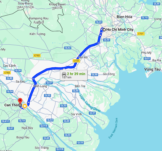 Google Maps view of route from Ho Chi Minh City to Can Tho, Vietnam