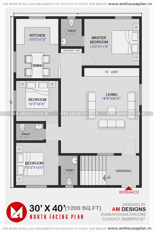 30 x 40 North facing 3bhk house plan Indian style