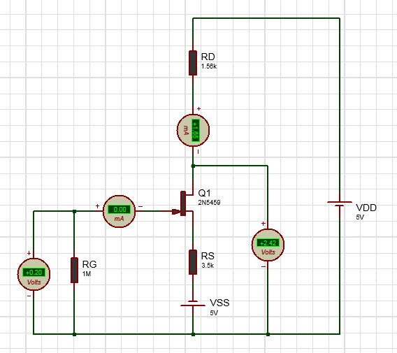 simulated circuit result of twp supply source biased JFET