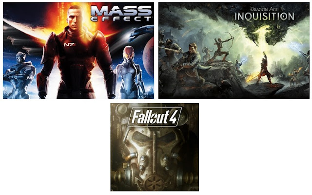 Affiches de jeux : Mass Effect 3, Dragon Age Inquisition et Fall Out 4
