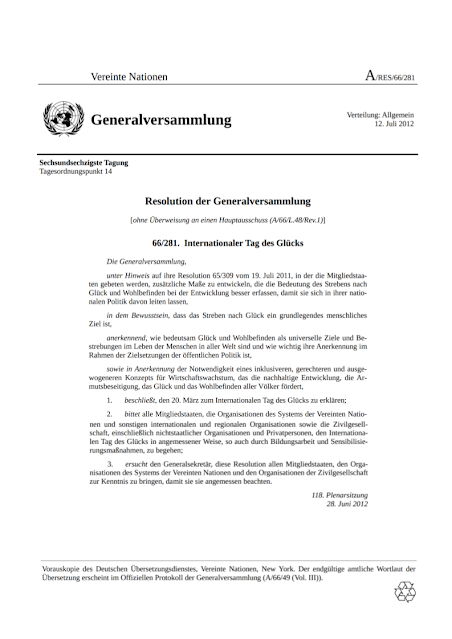 Resolution 66/281 der Generalversammlung der Vereinten Nationen - Internationaler Tag des Glücks.