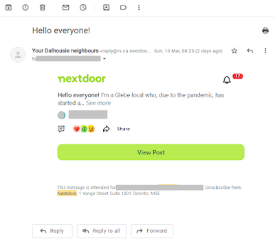 Screenshot of an email notification with message Hello everyone! I'm a Glebe local who, due to the pandemic, has started a... See more and a link to view the post