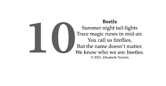 Spooktober Poem 10: Beetle Summer night tail-lights Trace magic runes in mid-air. You call us fireflies, But the name doesn’t matter. We know who we are: beetles. © 2021, Elisabeth Norton