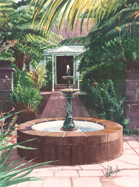 Watercolour of a circular fountain in front of a planted alley leading to a creole house, "Fontaine," by William Walkingto