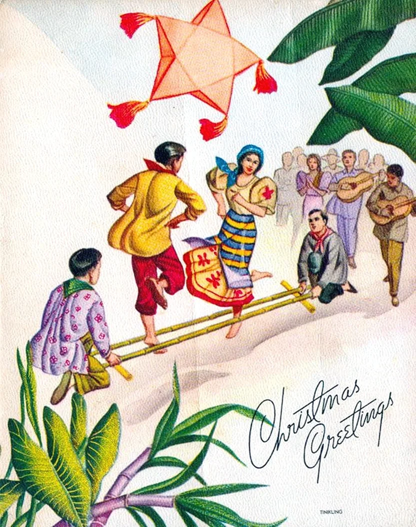 paskong pinoy vintage greeting card mga Pilipino na sumasayaw ng tinikling