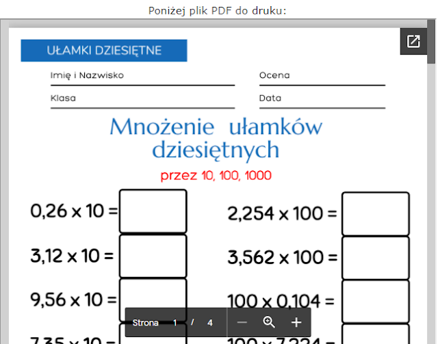 Karty pracy 4 - 8 / PDF / Mnożenie i dzielenie ułamków dziesiętnych przez 10, 100, 1000