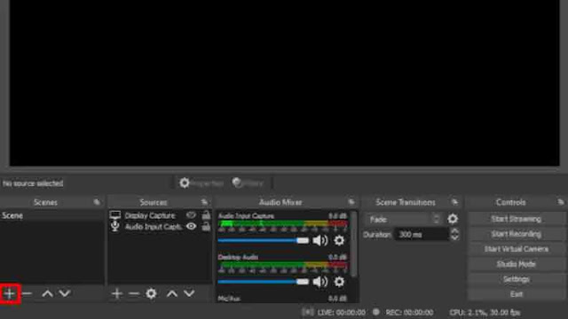 لقطة شاشة لـ OBS Studio تعرض النافذة الرئيسية وشريط أدوات البث.