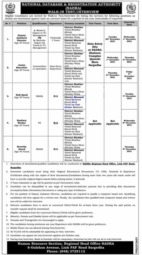 NADRA Jobs | NADRA Jobs in Regional Head Office Sargodha 2021