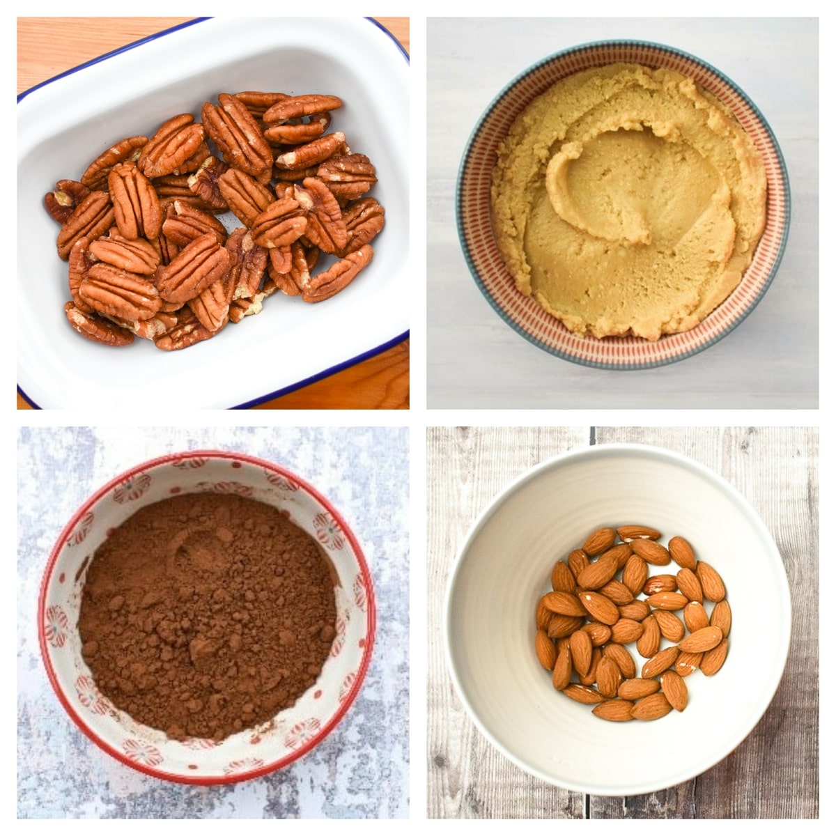 key ingredients to make vegan pecan pie (peanut butter, cocoa powder, almonds & pecans)