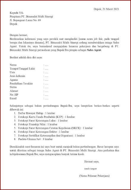 Contoh Application Letter Untuk Sales Agent (Fresh Graduate) Berdasarkan Informasi Dari Job Fair