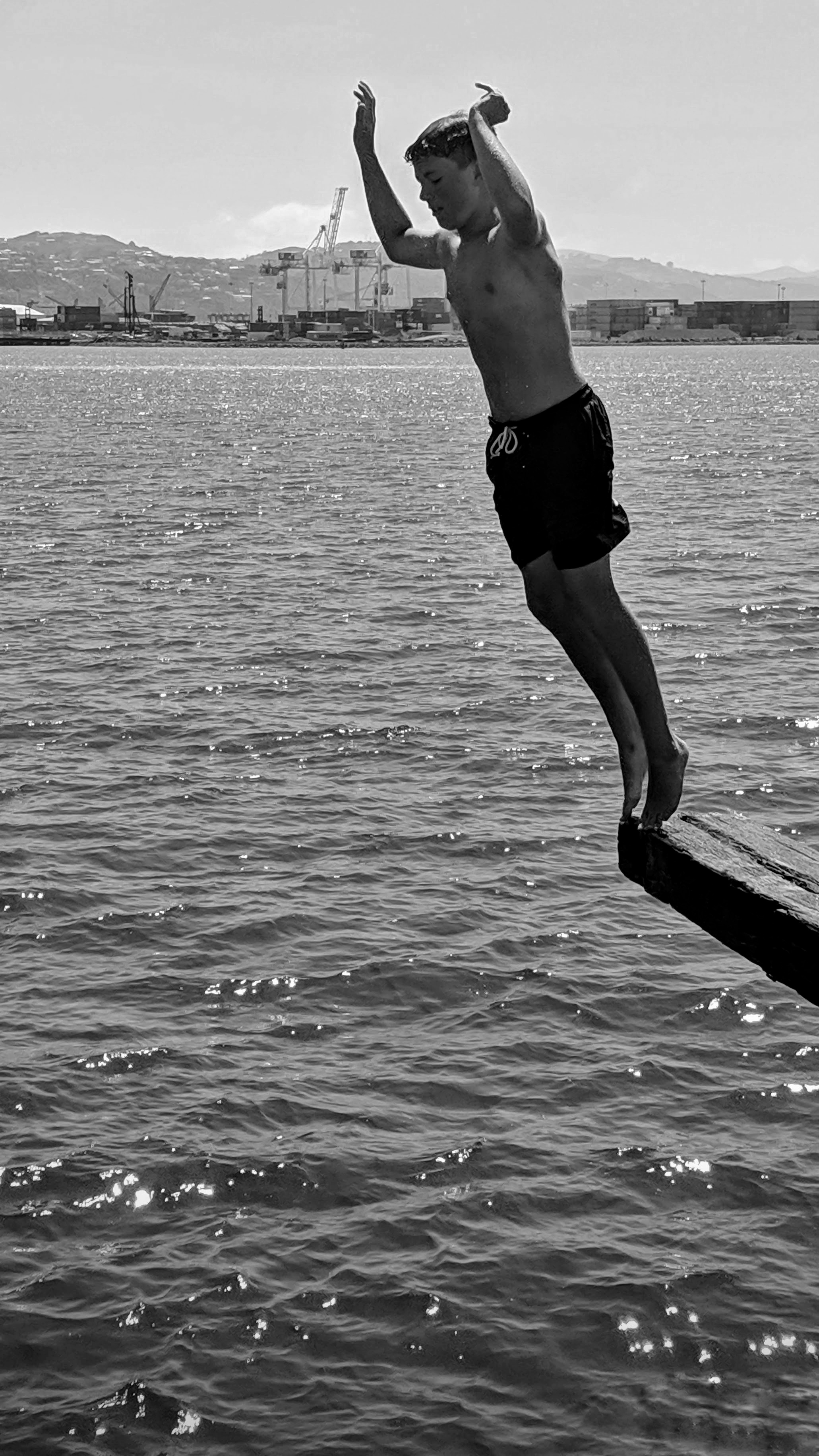 Lad diving off Wellington waterfront diving board