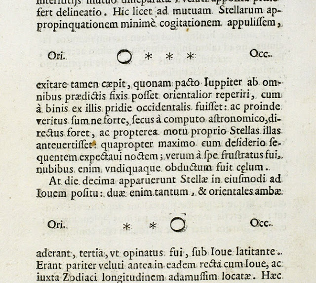 Юпитер и сопутствующие ему «звезды», нарисованные Галилеем 8 и 10 января 1610 г. и позже напечатанные в его Sidereus nuncius, 1610 г., Венецианское изд. (Библиотека Линды Холл)