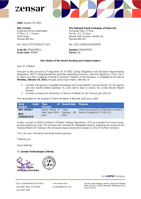 Zensar Technologies Limited Declaration Of Interim Dividend