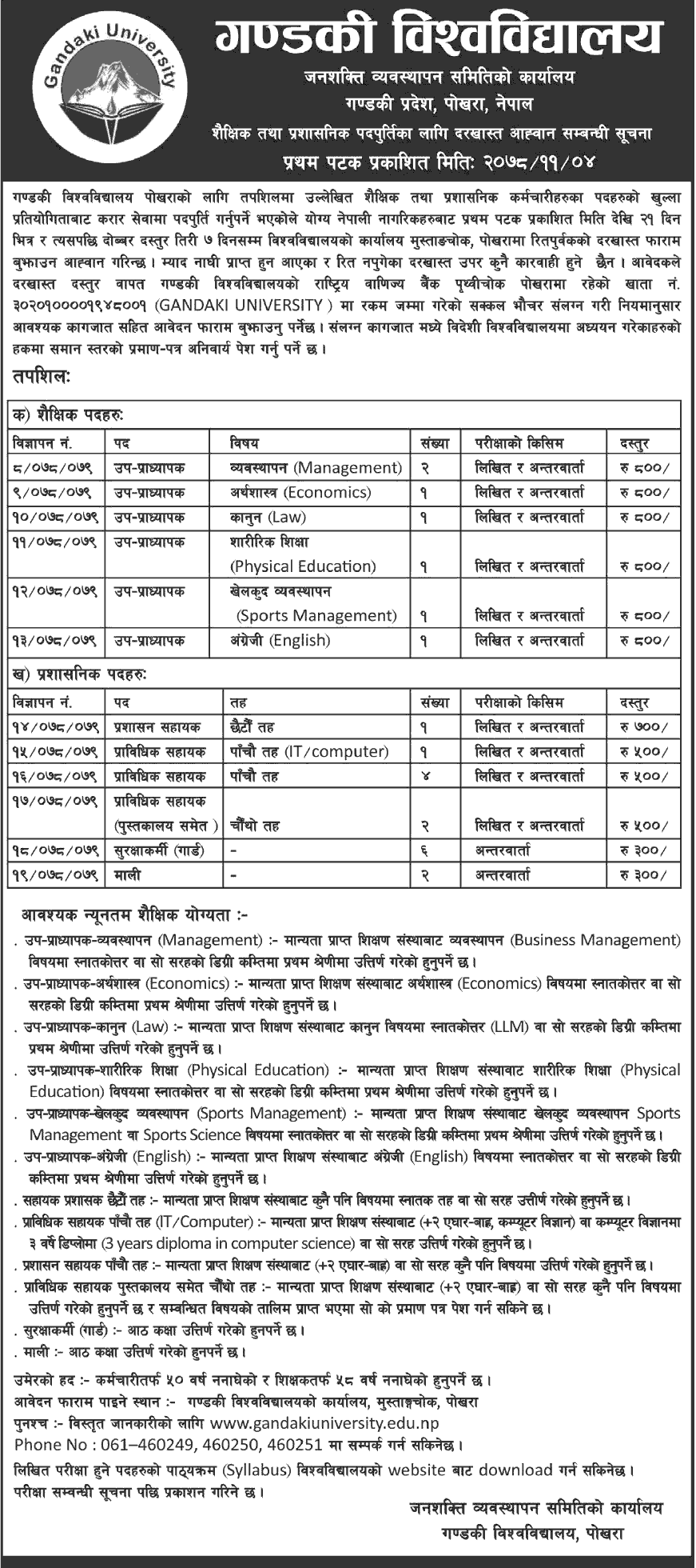 Gandaki University Vacancy for Various Post