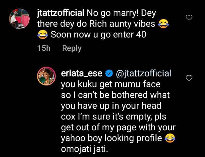 Go and marry soon you will enter 40- Follower slams Eriata Ese for not being married