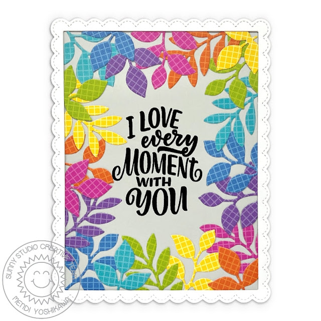 Sunny Studio "I love every moment with you" Colorful Rainbow Leaves Card (using Spring Greenery Dies, Fancy Frame Rectangle Dies & Lovey Dovey Stamps)