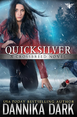 Tough woman in red leather jacket kneeling on an icy surface, a skull near her with a raven sitting on top and a ruby heartshaped necklace hanging from its mouth. Background is a wintry forest with a ring of magical light around her.