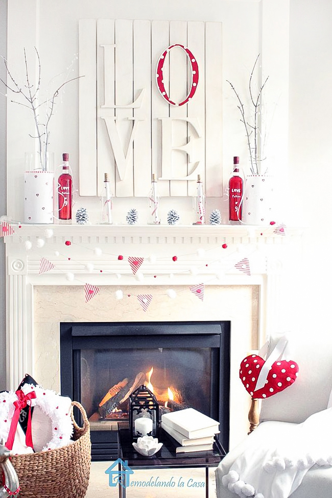red Love potion No.9 bottles on white and red mantel