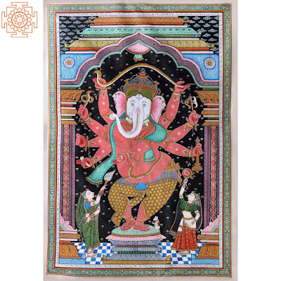 Paata Painting of Lord Ganesha Stretching Serpent Making Canopy