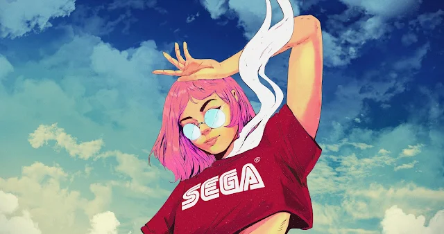 stylish girl with pink hair, wearing a Sega shirt and sunglasses.