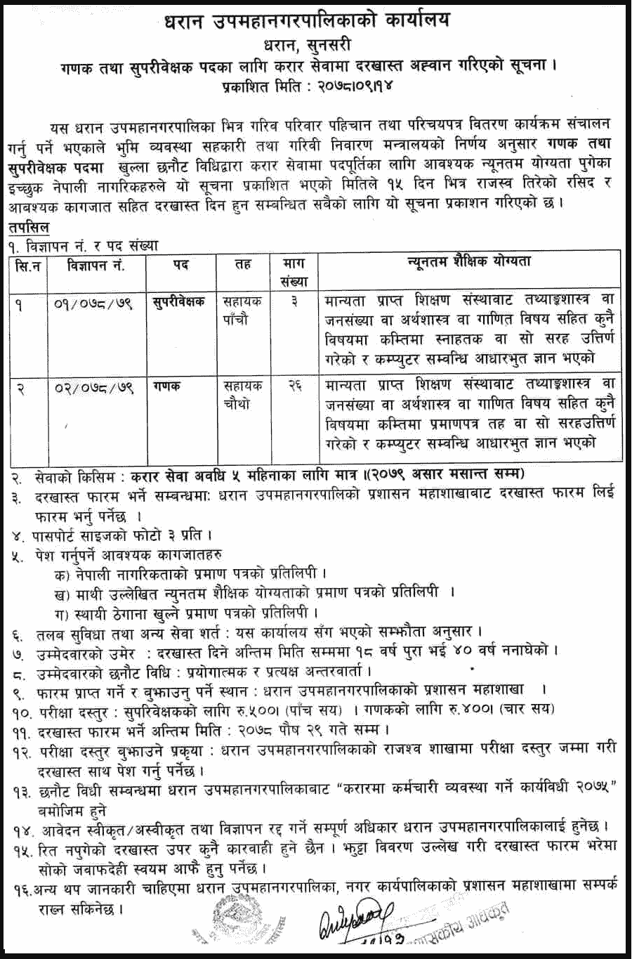 Dharan Sub-Metropolitan City Vacancy for Ganak and Supervisor