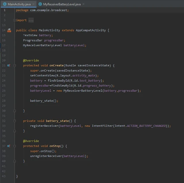 اكواد اندرويد ستوديو تقوم بعمل broadcast receiver لعرض نسبة شحن الهاتف | android studio code