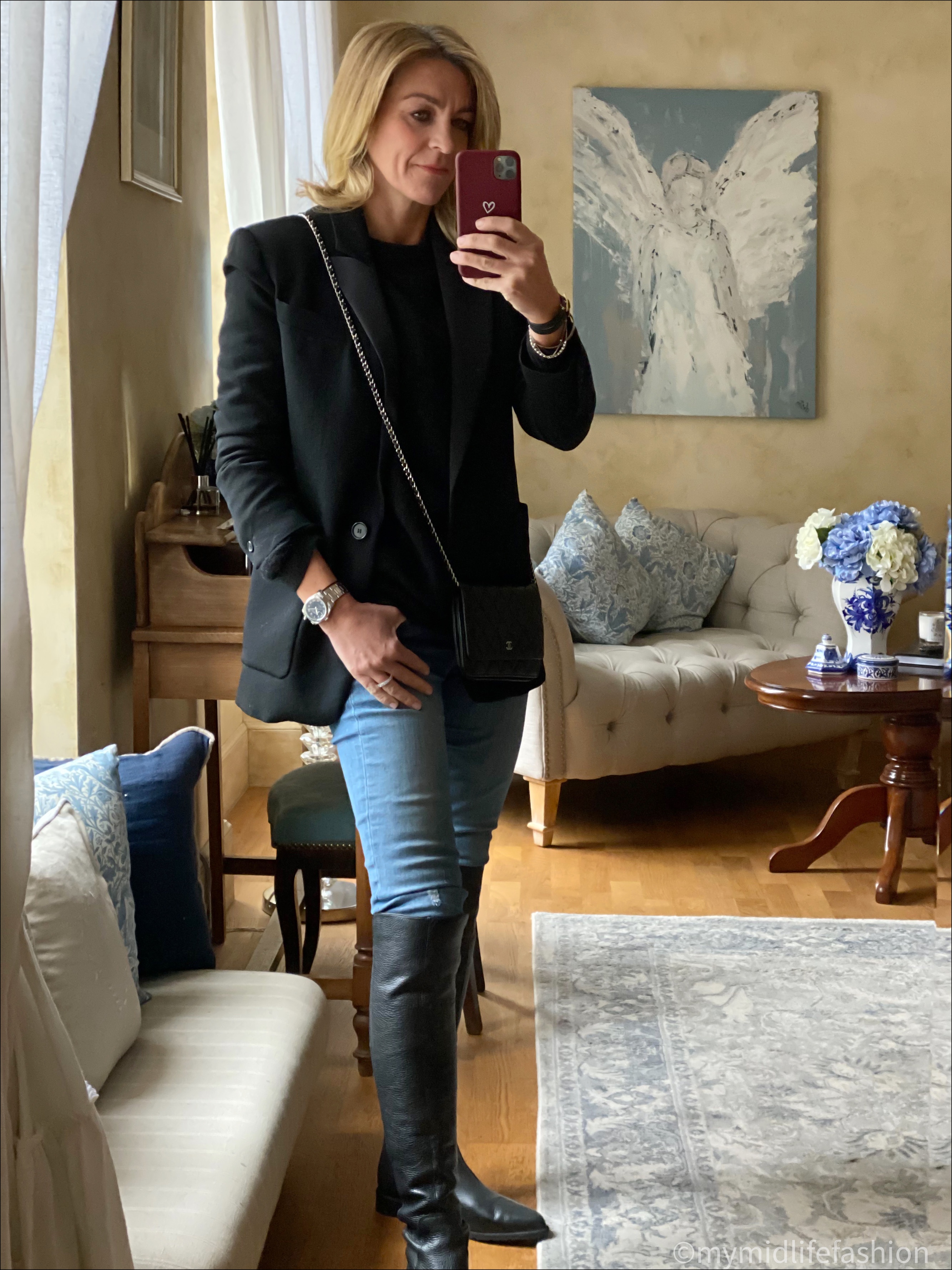 my midlife fashion, Isabel Marant tuxedo boyfriend blazer, acne studios round neck jumper, j crew 8 inch toothpick jeans, Zara leather over the knee boots