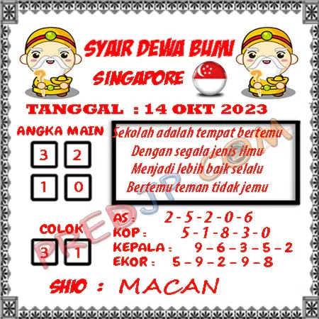 Prediksi Dewa Bumi Togel Singapura Sabtu 14 Oktober 2023