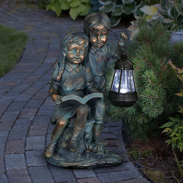 Exhart Boy & Girl Statue – Faux Bronze Statue w/Solar Garden Lights,